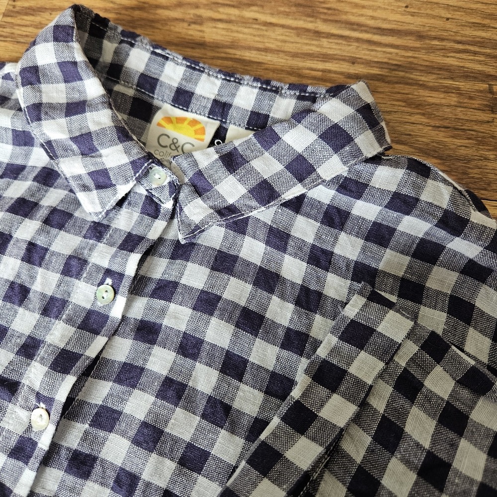 C&C California Shirt Women Medium Navy White Linen Gingham Button Front Collared